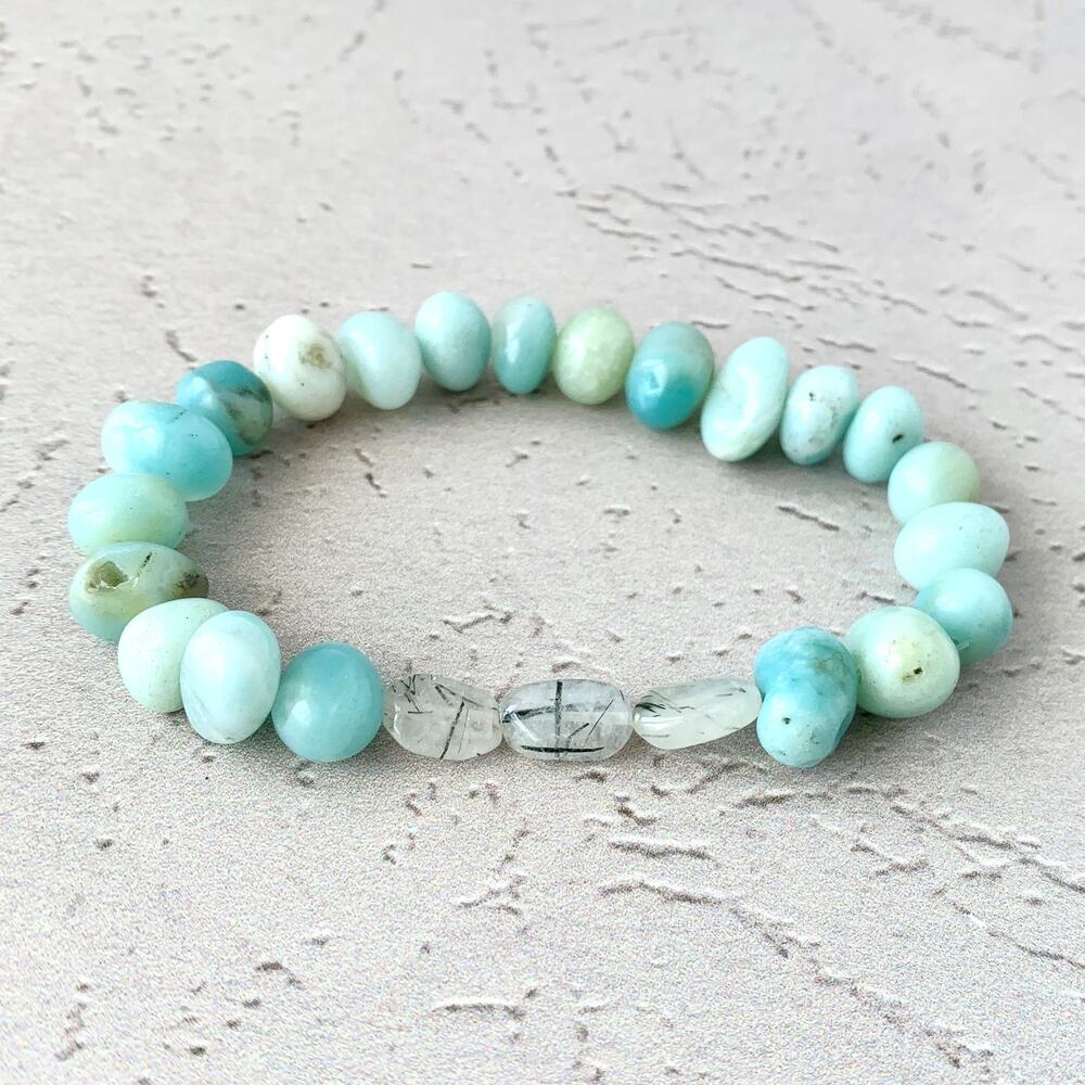 Gemstone Stack Bracelet - Aventurine Angel Hair Rutile Quartz - Aqua - Seafoam